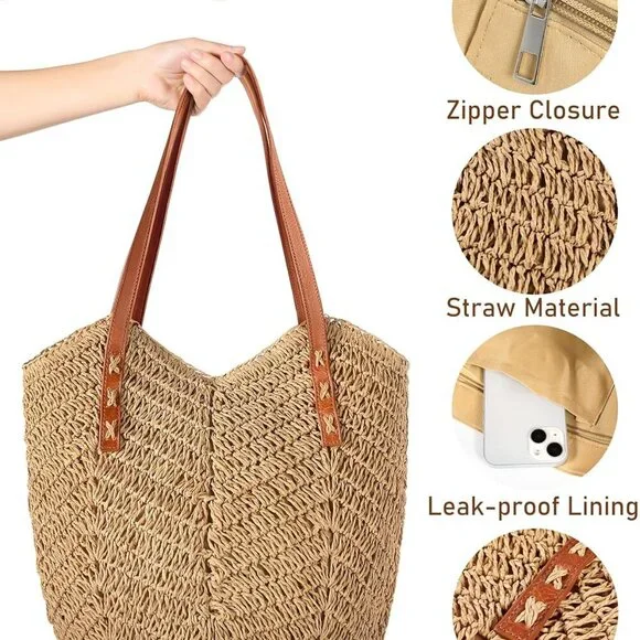 Beach Bags for Women - Straw Bag with Zipper, Soft Woven beach bag, Casual Straw - Picture 7 of 7